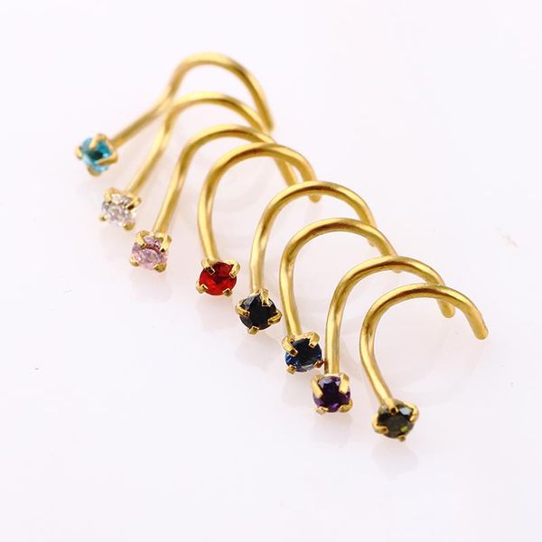 

nose ring prong set cz stud screw gold silver clear black blue red zircon nody jewelry nose piercing