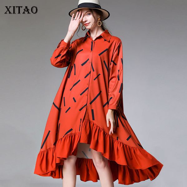 

xitao нерегулярные плиссированные плюс размер платье женская одежда 2020 мода весна печати рябить платье отложным воротником мода dmy2927, Black;gray