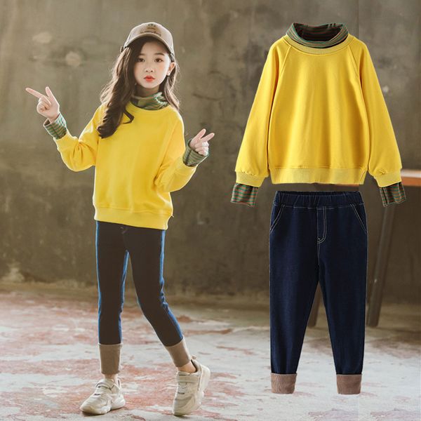 

children clothes autumn teen girls clothing set 8 12 years long sleeve clothes suits for girls kids shirts+denim pants tracksuit, White