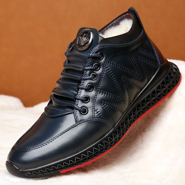 

2019 new winter boots british fashion men's cotton shoes leather thickened warm shoes wool leisure anti-skid split cowhide, Black