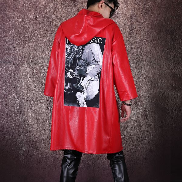 

men's red leather windbreaker hooded gown pu cloak loose nightclubs men's dj hip hop coat dance casual jacket, Black