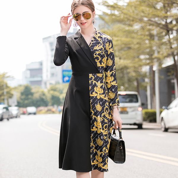 

2019 pretty v_neck print dress women fashion full sleeve knee length female slim elegant dress, Black;gray