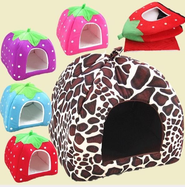 

foldable soft winter leopard dog bed strawberry cave dog house cute kennel nest dog fleece cat bed house g02