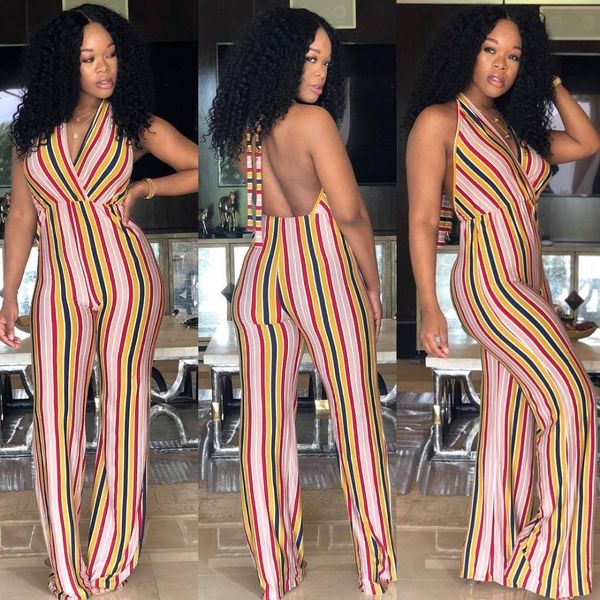 

2019 street women's spring and summer new rainbow vertical stripe print v-neck sleeveless sling women jumpsuit sell6150, Black;white