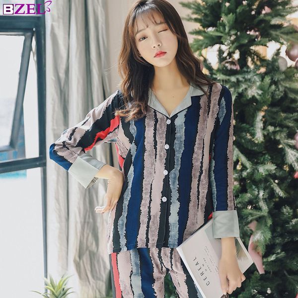 

полосатая весна осень элегантных женщин хлопка пижама набор пижама девочки пижама mujer lady повседневная главная одежда, Blue;gray