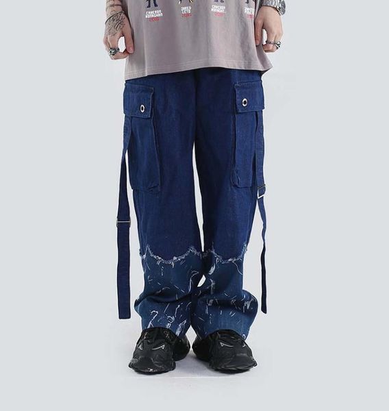 

uncledonjm ribbons hip hop jeans antique loose straight men's casual denim pants tassled jeans mens cg-2004, Blue