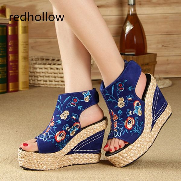 

women's summer shoes new 2018 national wind high platform wedges embroidered female sandals with fish toe wedge sandals, Black