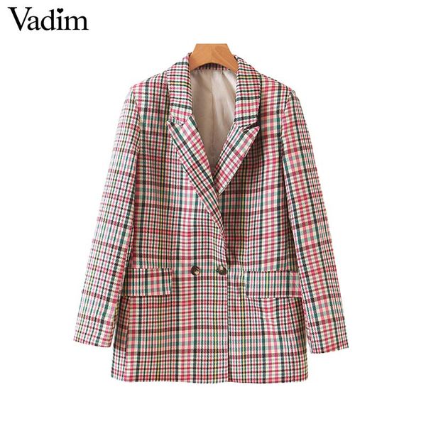 

vadim women chic plaid blazer pockets double breasted long sleeve office wear coat female casual retro outerwear ca504, White;black