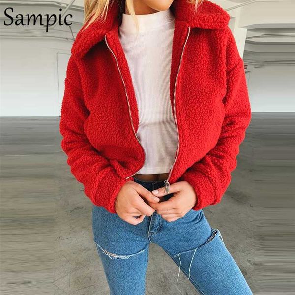 

sampic woman casual zipper fluffy overcoat faux fur teddy coat jacket long sleeve outwear warm female coat winter, Black
