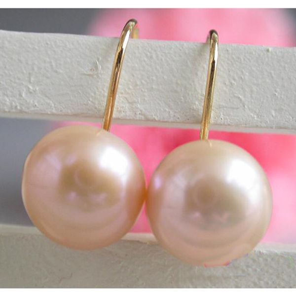 

unique pearls jewellery store 12mm pink oblate round freshwater pearl dangle earrings 14k fine jewelry for women fast shipping, Golden;silver