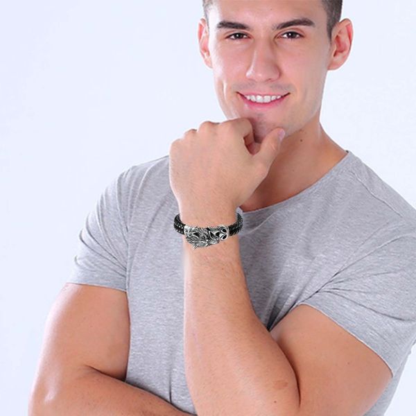 

2020 fashion wolf head bracelet titanium steel jewelry retro woven rope leather bracelet leather men charm jewelry, Golden;silver