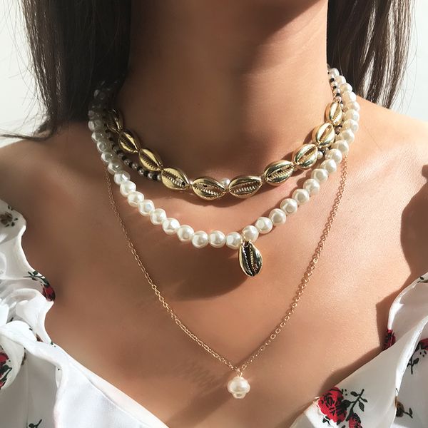 

kmvexo multilayers gold shell necklaces for women statement pearls choker necklace collier clavicle chain 2019 fashion jewelry, Golden;silver