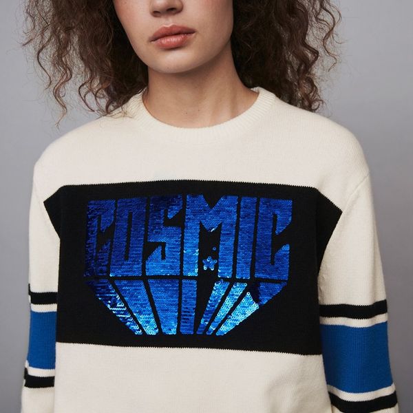 

women sweater 2019 autumn / winter round neck long sleeve sequin letter color matching sweater, White;black