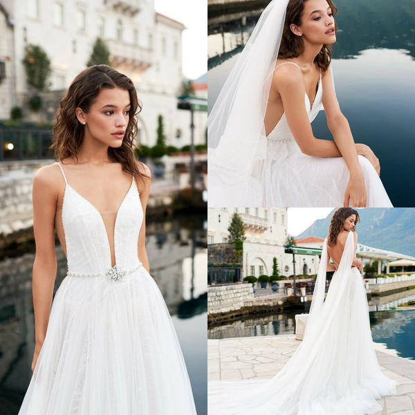 

2020 gali karten boho wedding dresses a line sweep train lace tulle crystal belt beach wedding dress custom made bohemian bridal gowns, White