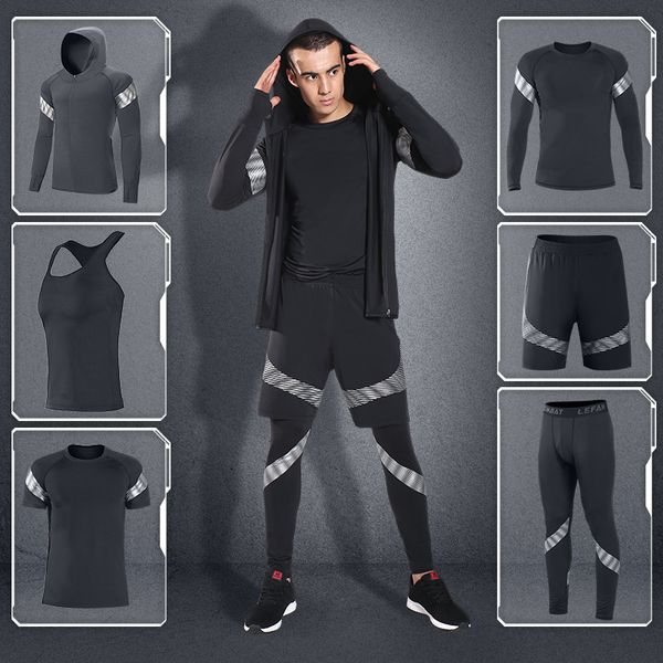 

2020 gym sports suit mens fitness compression tights set quick dry sportswear running training clothing 5pcs male tracksuits, Black;blue