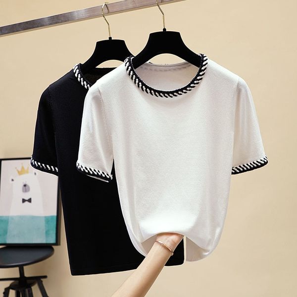 

luxury women's t-shirt designer color thread weave border round neck stitching ice silk sweater short-sleeved t-shirt women's tide, White