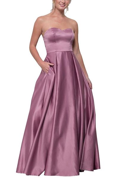 

Sexy Strapless Long Prom Gown Satin Floor Length Women Formal Evening Dresses with Pockets Custom Made