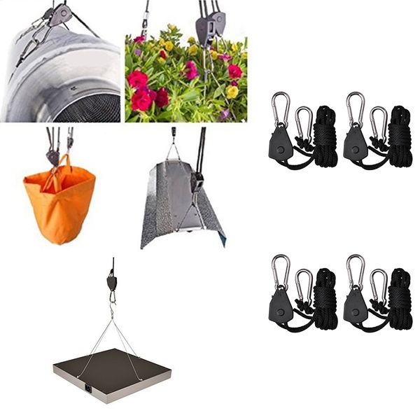 

2 pairs of heavy duty rope rachet (150 lbs weight load capacity per pair), 1/8'' nylon rope, heavy duty adjustable rope clip hange