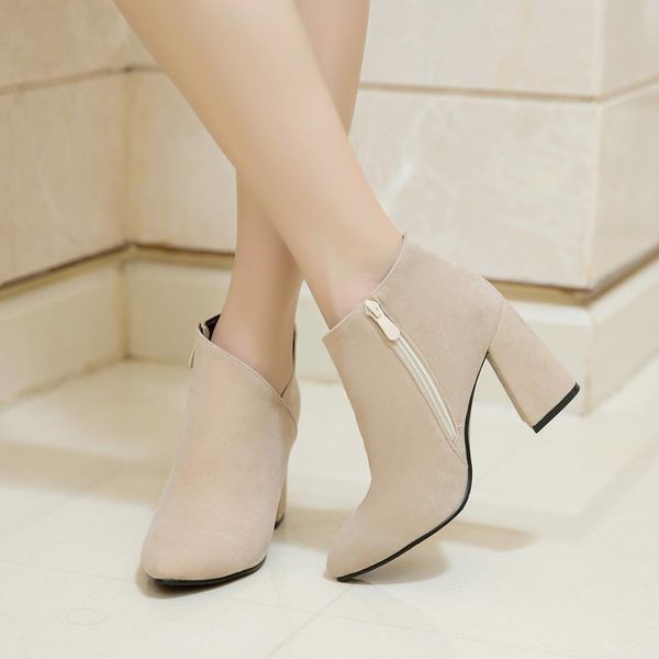

female flock leather ankle boots hoof heels fashion bootie zip pointed toe winter ladies shoes beige black yellow drop shipping