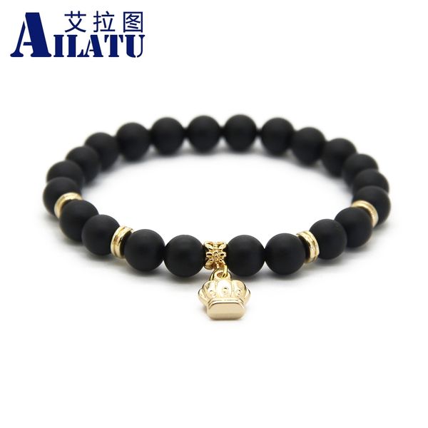 

ailatu fashion stone jewelry wholesale 8mm real matte onyx stone beads with crown bracelet party gift, Golden;silver