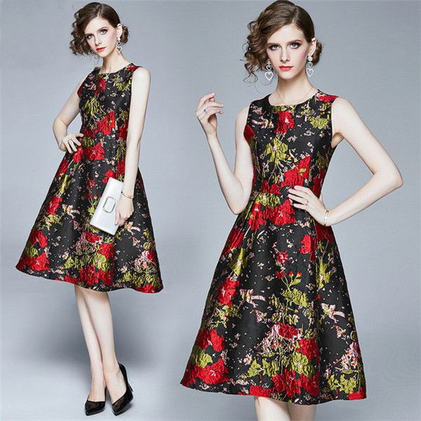 

20ss summer luxury printed long-sleeved dress small round neck stand collar tight skirt new women's design casual women's dress, Black;gray