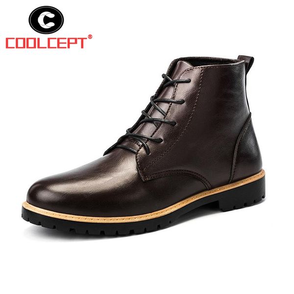 

coolcept fashion men ankle boots lace up flats leather short boots high warm plush autumn winter shoes men footwear size 39-44, Black