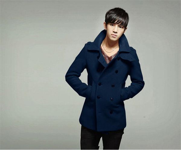 

england style mens designer peacoat solid slim male double breasted overcoat fashion male lapel neck coat, Black