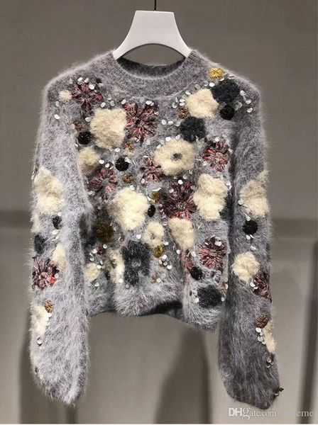 

brand designer women luxury beaded sweaters 2019 autumn winter fashion wool round neck flowers embroidered casual loose jumper pullovers, White;black