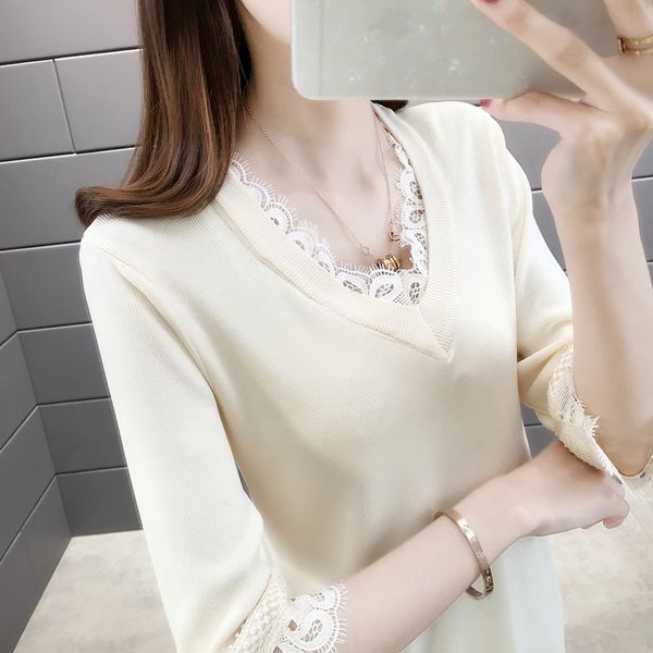 

1572043 actual p of new lace splicing solid color short sleeve knitwear 2020jd, White;black