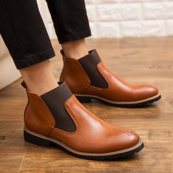 

2019 spring new breathable formal boots men genuine leather men ankle boots high brogue style casual hx-146, Black