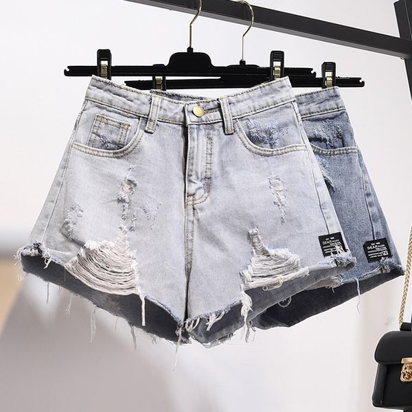 

лето высокая талия hole denim шорты женщины сыпучие дамы плюс размер 5xl эластичный пояс горячие штаны mom короткие джинсы женщины 2020 новы, Blue