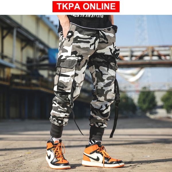 

men streetwear camouflage cargo pants 2020 vintage overalls mens hip hop ribbons joggers pants camo designer sweatpants, Black