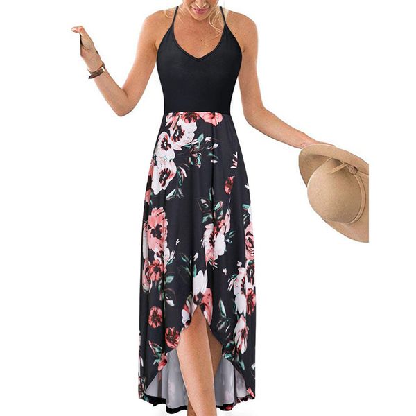 

women casual loose dresses v neck spaghetti strap split asymmetrical patchwork beach print maxi dress sleeveless sexy, Black;gray