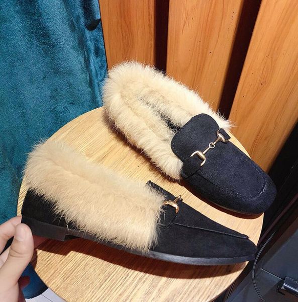 

2019 зимние пушистые женские гороховые туфли с плоским дном плюс бархатные меховые туфли дикие одноногие ленивые плоские женские повседневны, Black