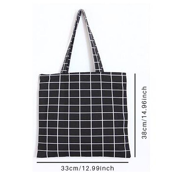 

women student cotton linen fashion plaid shoulder tote handbag eco shopping large capacity canvas purse pouch
