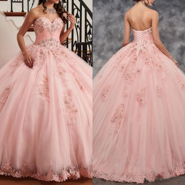 Wunderschönes rosa Quinceanera-Kleid, Ballkleid, Herzausschnitt, Spitze mit Perlen, 2022, Partykleider für Mädchen ab 15 Jahren