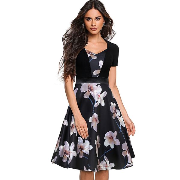 

elegant a-line print women dress short sleeve v neck summer women dresses knee-length fashionable long vestidos, Black;gray