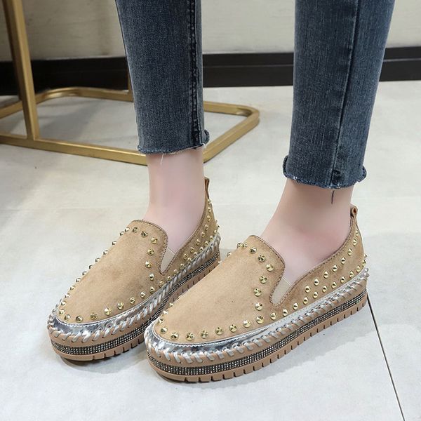 

womens loafers shoes female footwear casual sneaker autumn rivets studs platform round toe 2020 fashion women's slip-on, Black