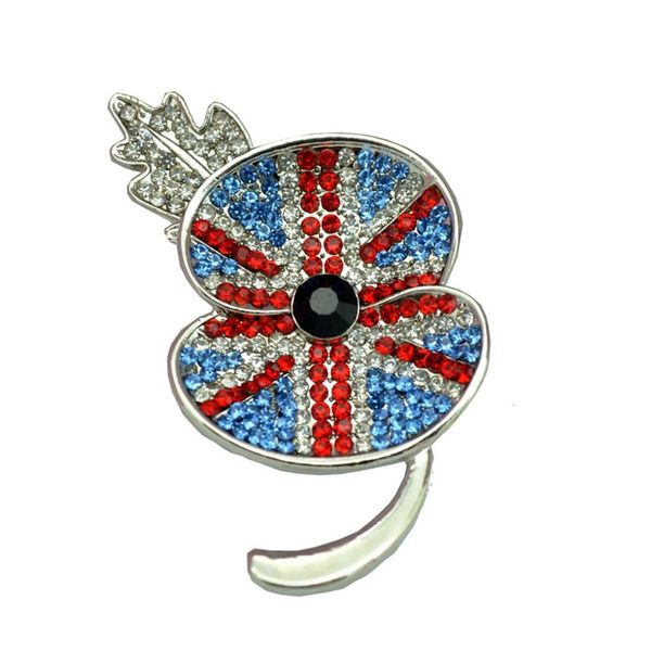 

union jack uk flag poppy brooch with rhinestone crystal diamante 2 inch, Gray