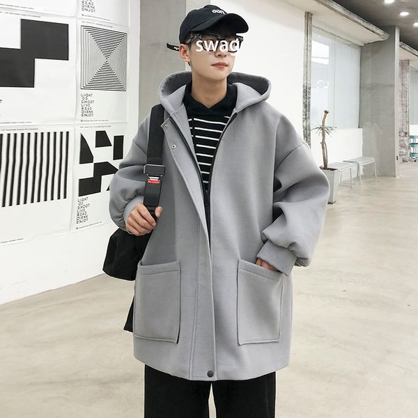 

men's coat 2019 autumn and winter new solid color hooded long loose woolen coat youth personality fashion trend men's clothing, Tan;black