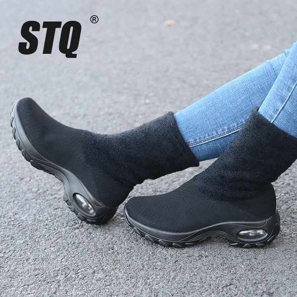 

stq women winter flats mesh sneakers shoes ladies breathable silp on shoes female casual flats elastic moccasins zjw2055, Black