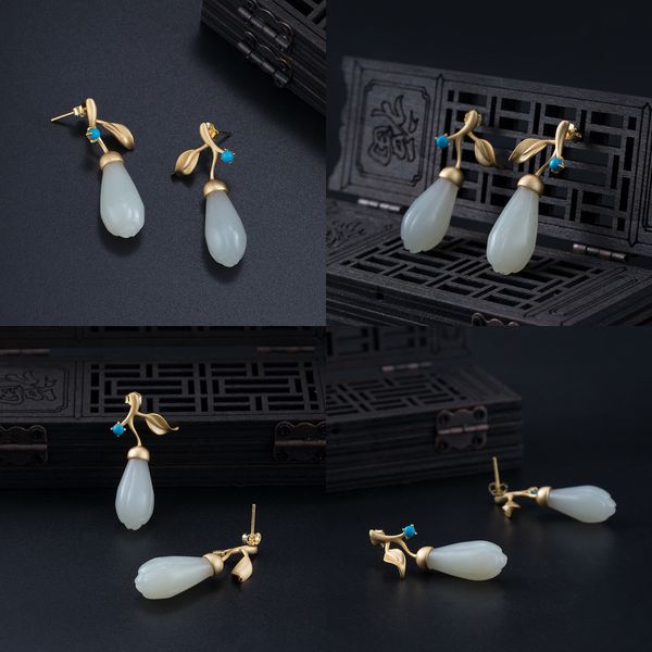 

925 s silver yulan spray green pine shi erhuan woman temperament antique natural n jade ear nail woman nation wind earring, Golden