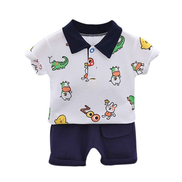 

summer baby boy clothes 2pcs animal print lapel short sleeve t-shirt+shorts suit casual kids clothes9, White