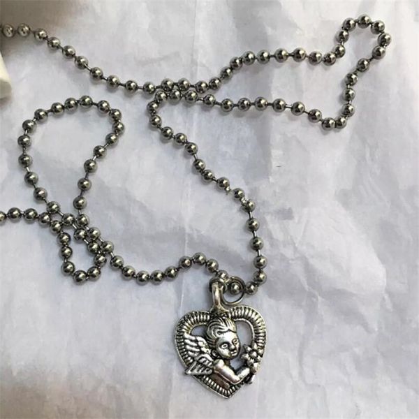 

european and american retro heart-shaped love cupid pendant necklace stainless steel ball chain cool girl disco silver necklace