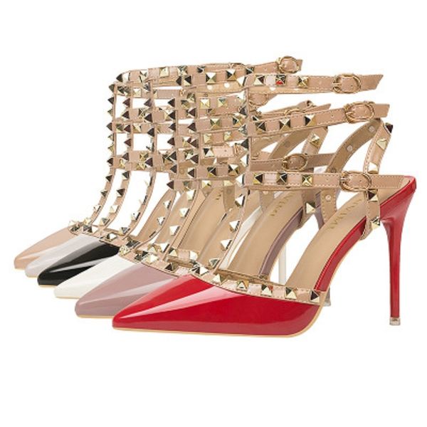 

european and american style nightclub stiletto heels patent leather metal rivets hollow rome fashion high heels, Black