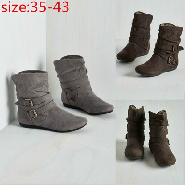 

women flat ankle boots casual suede leather winter autumn combat riding boots fashion buckle belt black biker female 35-43