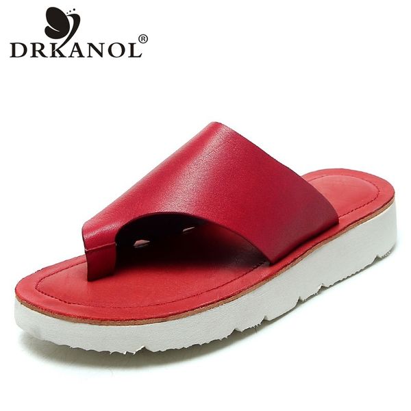 

drkanol 2020 summer women slippers 100% genuine leather flat flip flops women candy color lightweight casual beach flip flops, Black