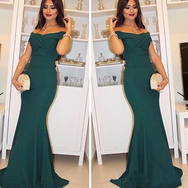 

Dark Green Arabic Off The Shoulder Evening Dresses 2019 Newest Satin Prom Dress Long Formal Party Dress Pageant Gowns Vestidos De Novia
