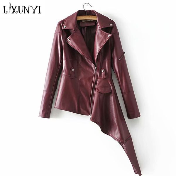 

lxunyi 2018 new irregulare faux leather jacket women casual turn down collar biker jacket leather female slim ladies pu, Black