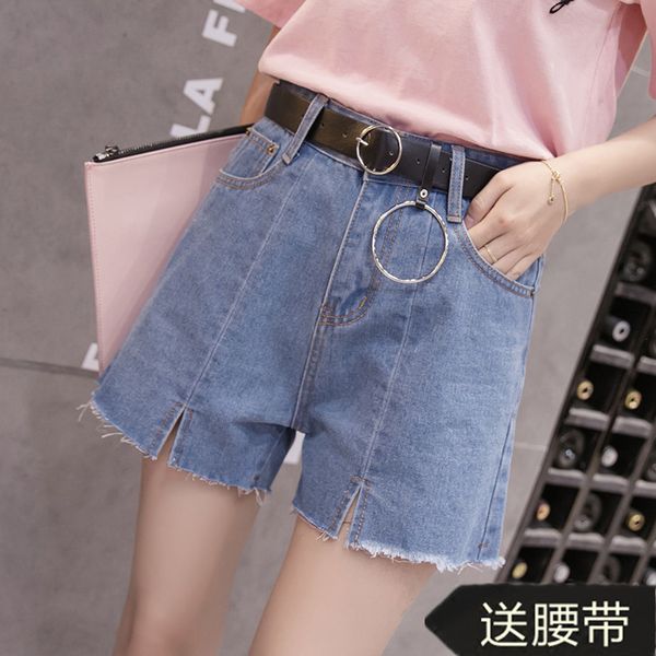 

summer new style korean-style loose-fit versatile with holes torn edge high waist jeans women's dress students loose pants short, Blue